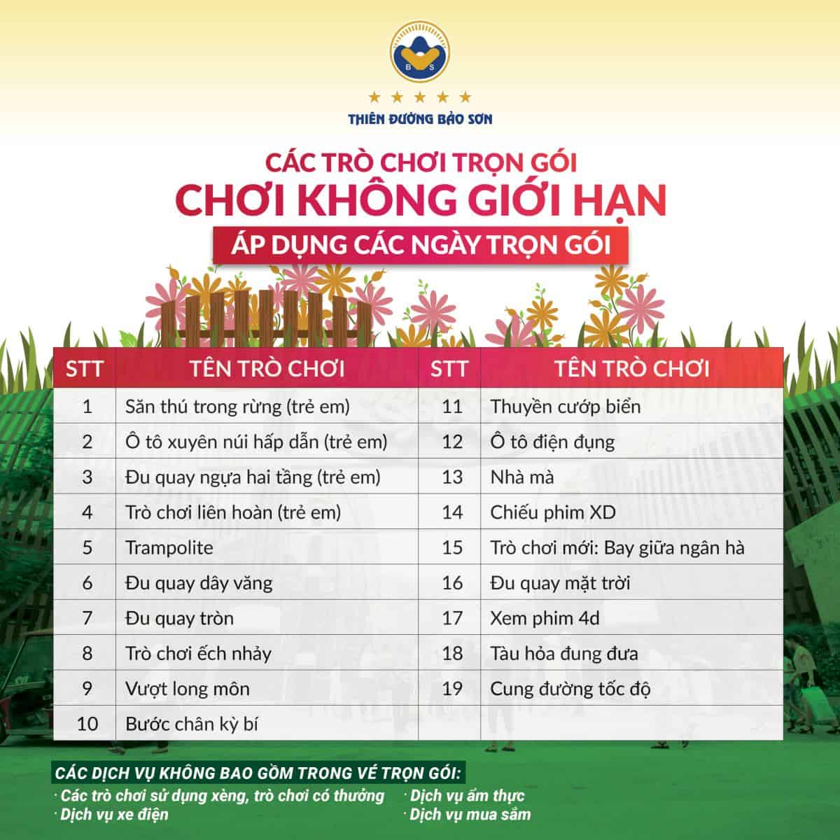 GIÁ VÉ CÁC TRÒ CHƠI THIÊN ĐƯỜNG BẢO SƠN TRỌN GÓI