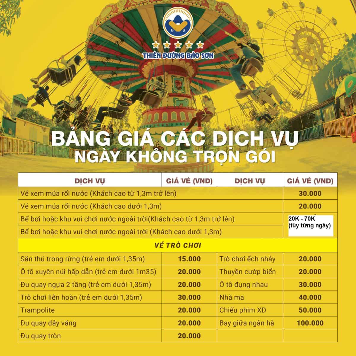 GIÁ VÉ TRÒ CHƠI THIÊN ĐƯỜNG BẢO SƠN - NGÀY THƯỜNG